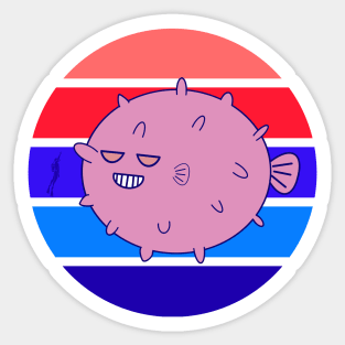 Kawaii Cute Grinning Pufferfish, Vintage Sun Pufferfish Lover Sticker